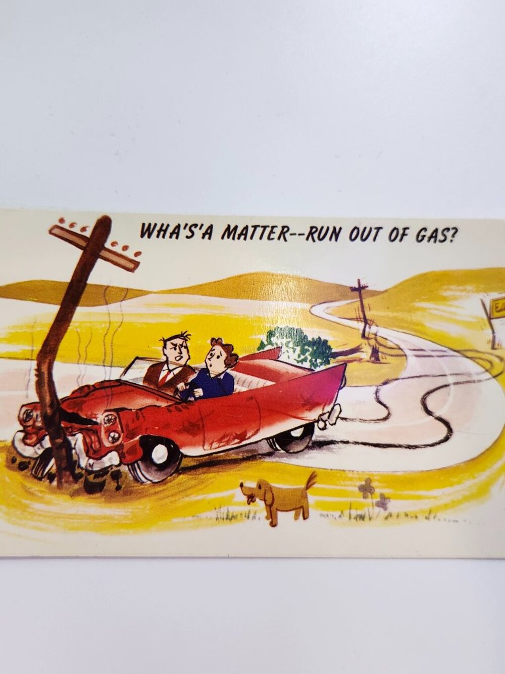Vintage Postcard Comic Wha's'a Matter Run Out Of Gas Car Crash Humor